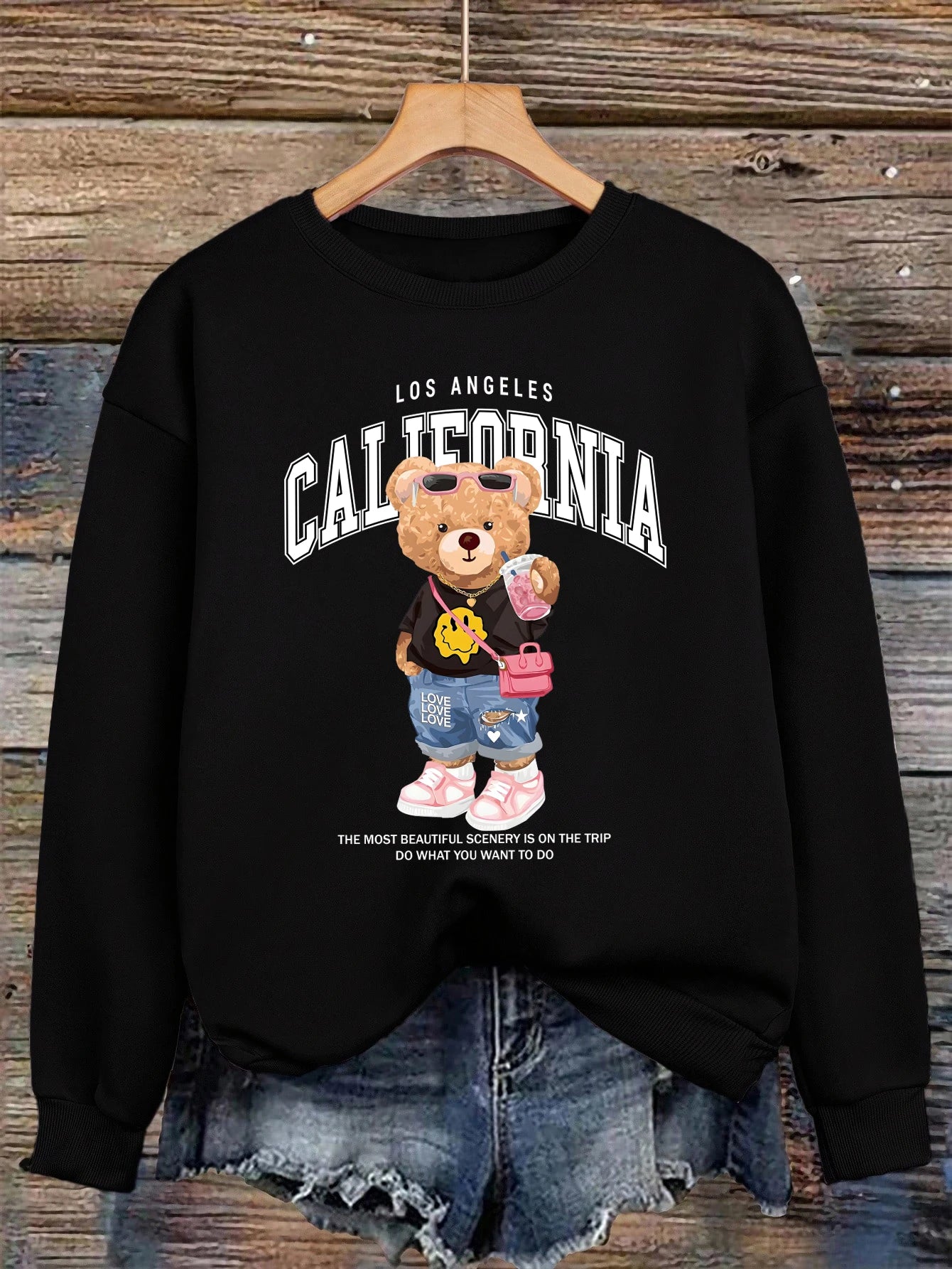 Orsetto Bere Tè Al Latte Stampato Pullover Da Donna Con Collo A O Felpa In Pile Streetwear Autunno