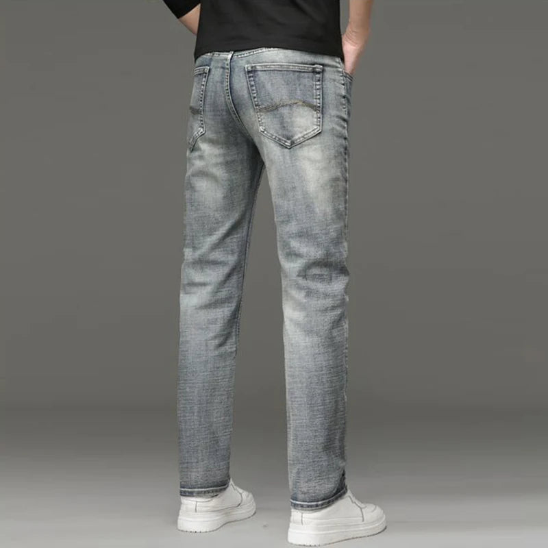 Jeans Uomo Slim Fit Vintage Di Fascia Alta In Denim Pesante Caldo Pantaloni Grigi Casual Versatili Dritti Quotidiani