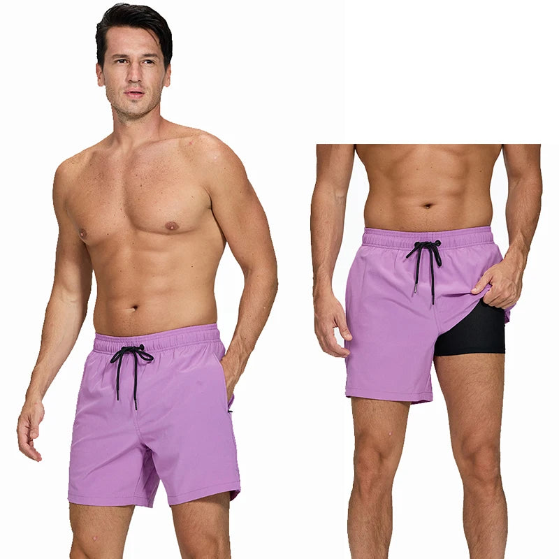 DATIFER Estate 2026 Pantaloncini Da Uomo In Poliestere Con Fodera Spandex 2 In 1 Elastico Vita Tasca Cerniera Palestra