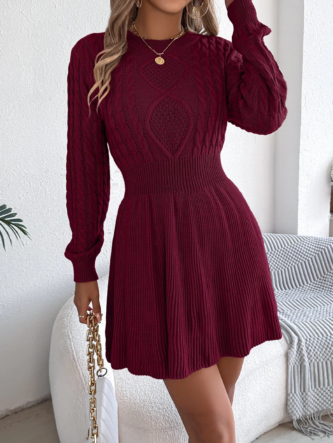 Vestito Maglia Da Donna Scollo A O Manica Lanterna Vita Alta Mini A Trapezio Solido Casual Chic Per Donne Moderne