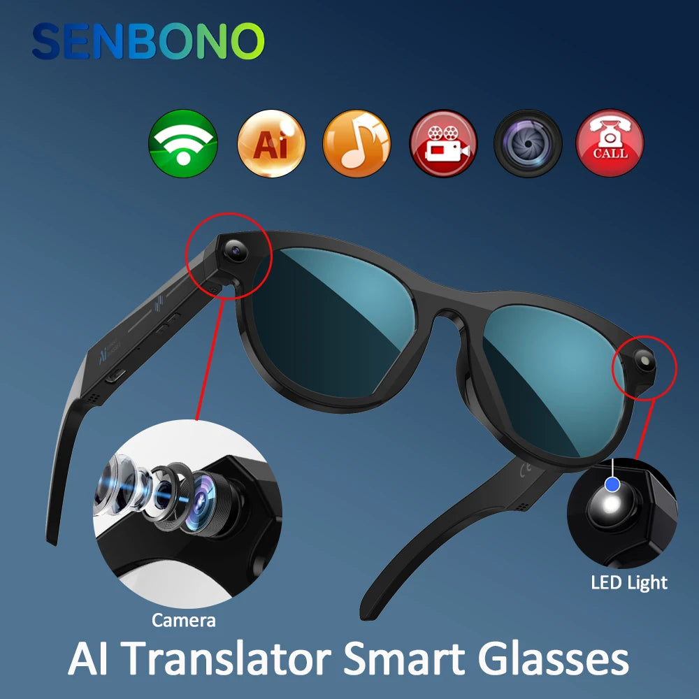Senbono AI Occhiali Intelligenti Con Fotocamera Per Foto Video Chiamate Musica Sport Bluetooth Traduttore Per Uomo Donna