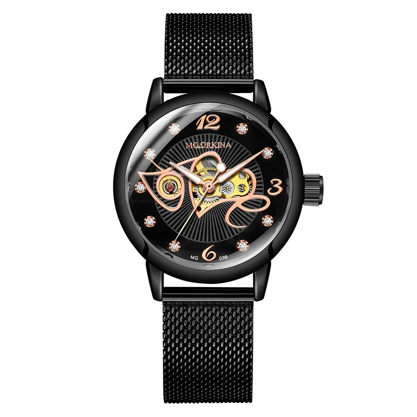 Orologio Meccanico Automatico Da Donna Orkina Classico Scheletrato Lusso Cinturino In Acciaio Inossidabile E Pelle