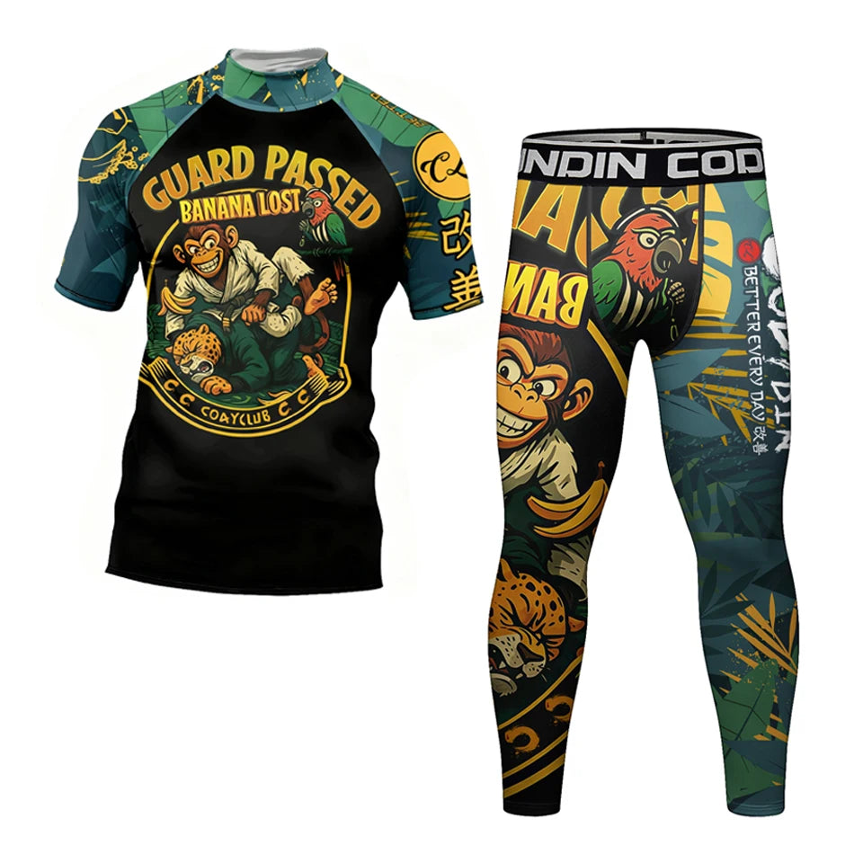 Nuovo Set MMA Da Quattro Pezzi T Shirt Rash Guard Ad Asciugatura Rapida E Pantaloncini Da Combattimento Uomo No Gi BJJ