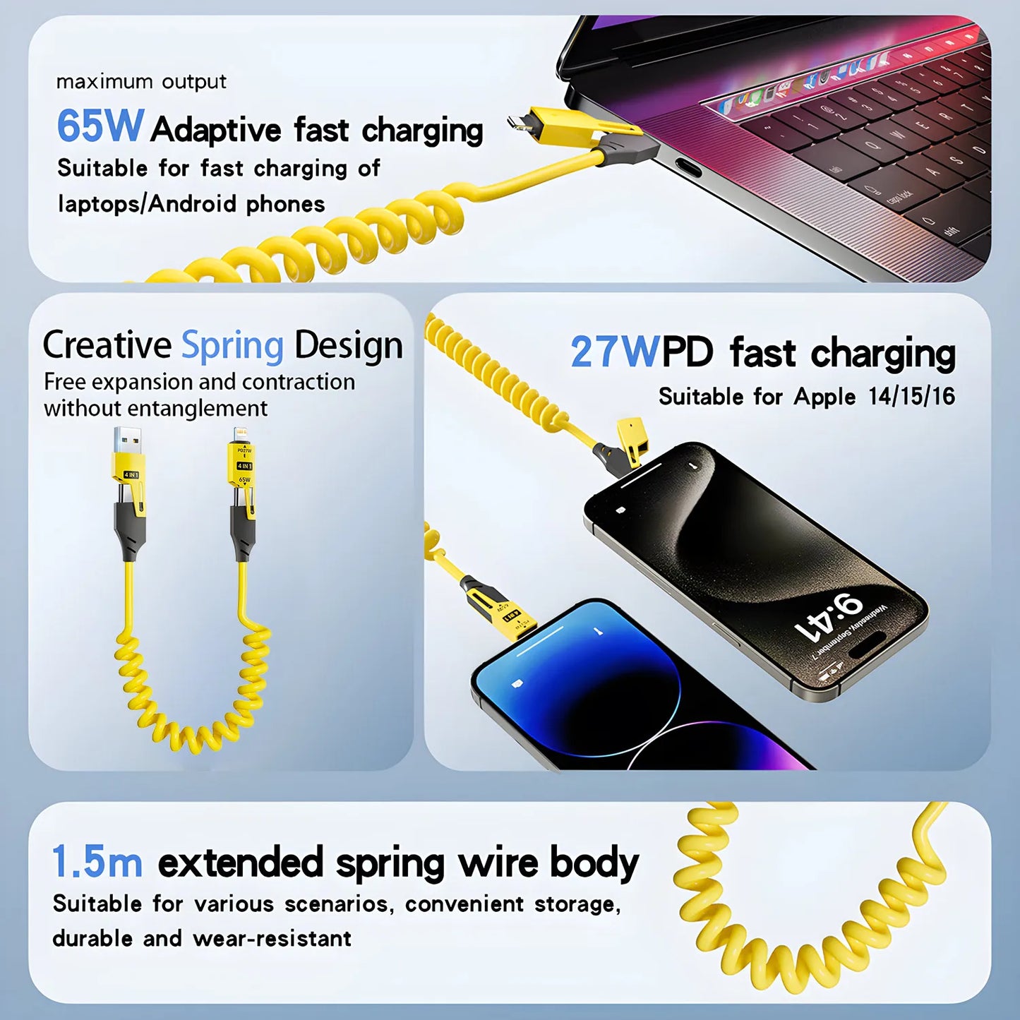 Cavo USB A Molla 4 In 1 Per Caricabatterie Rapido Da 65 W Tipo C 6A Per iPhone iPad MacBook Huawei