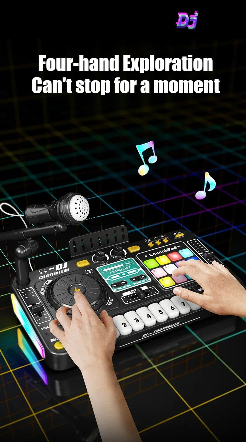 Controller DJ per bambini Mixer giocattolo musicale con microfono Luce a LED Gioco musicale elettronico Giradischi DJ per regali di compleanno per bambini