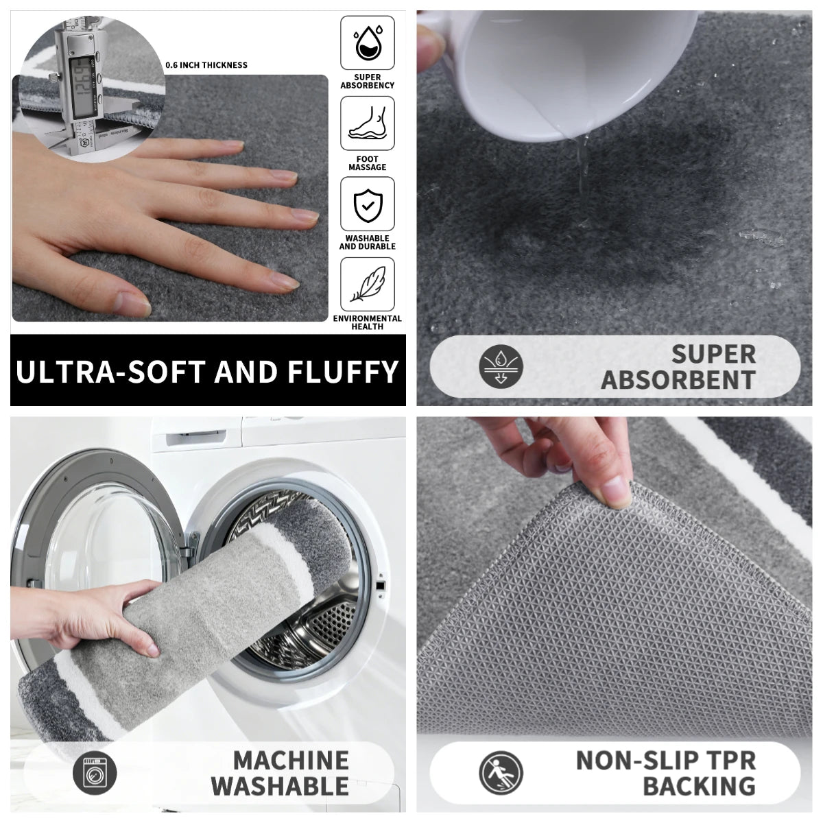 Tappetino Bagno Microfibra Shaggy Assorbente Antiscivolo Lavabile Lavatrice Tappeto Doccia Asciugatura Rapida