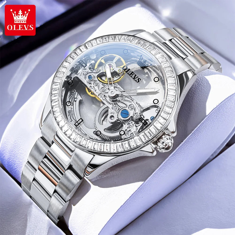 OLEVS 6699 Orologio Meccanico Da Donna Con Lunetta Diamanti Lusso Automatico Di Marca
