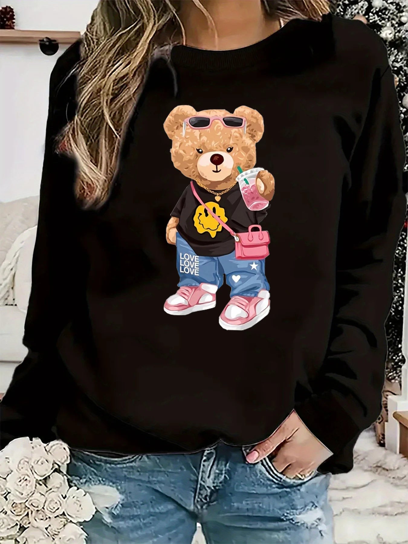 Pullover Da Donna A Maniche Lunghe Con Collo Rotondo E Stampa Di Orsi Caldi, Largo E Comodo, Moda Autunno Inverno