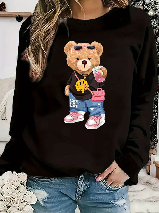 Pullover Da Donna A Maniche Lunghe Con Collo Rotondo E Stampa Di Orsi Caldi, Largo E Comodo, Moda Autunno Inverno