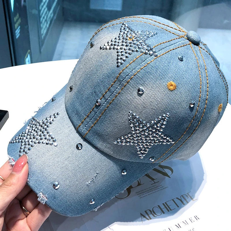 Berretto Da Baseball Da Donna In Denim Con Stella Di Strass Regolabile Snapback Con Visiera Alla Moda