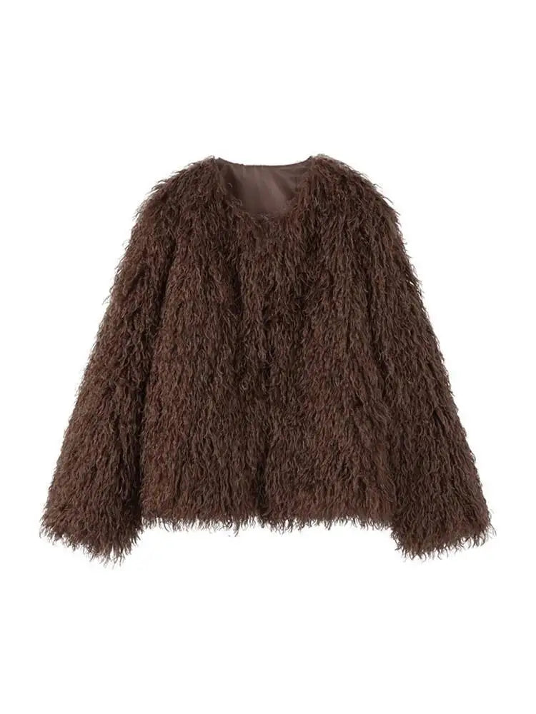 Cappotto Donna Pelliccia Sintetica Marrone Girocollo Allentato Maniche Lunghe Spessa Peluche Giacca Inverno Nuovo 7A1041