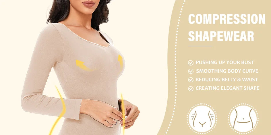 Pokarla Body Suit Spandex Elastico Shapewear Donna Controllo Pancia Manica Lunga Cavallo Aperto Girocollo Shaper