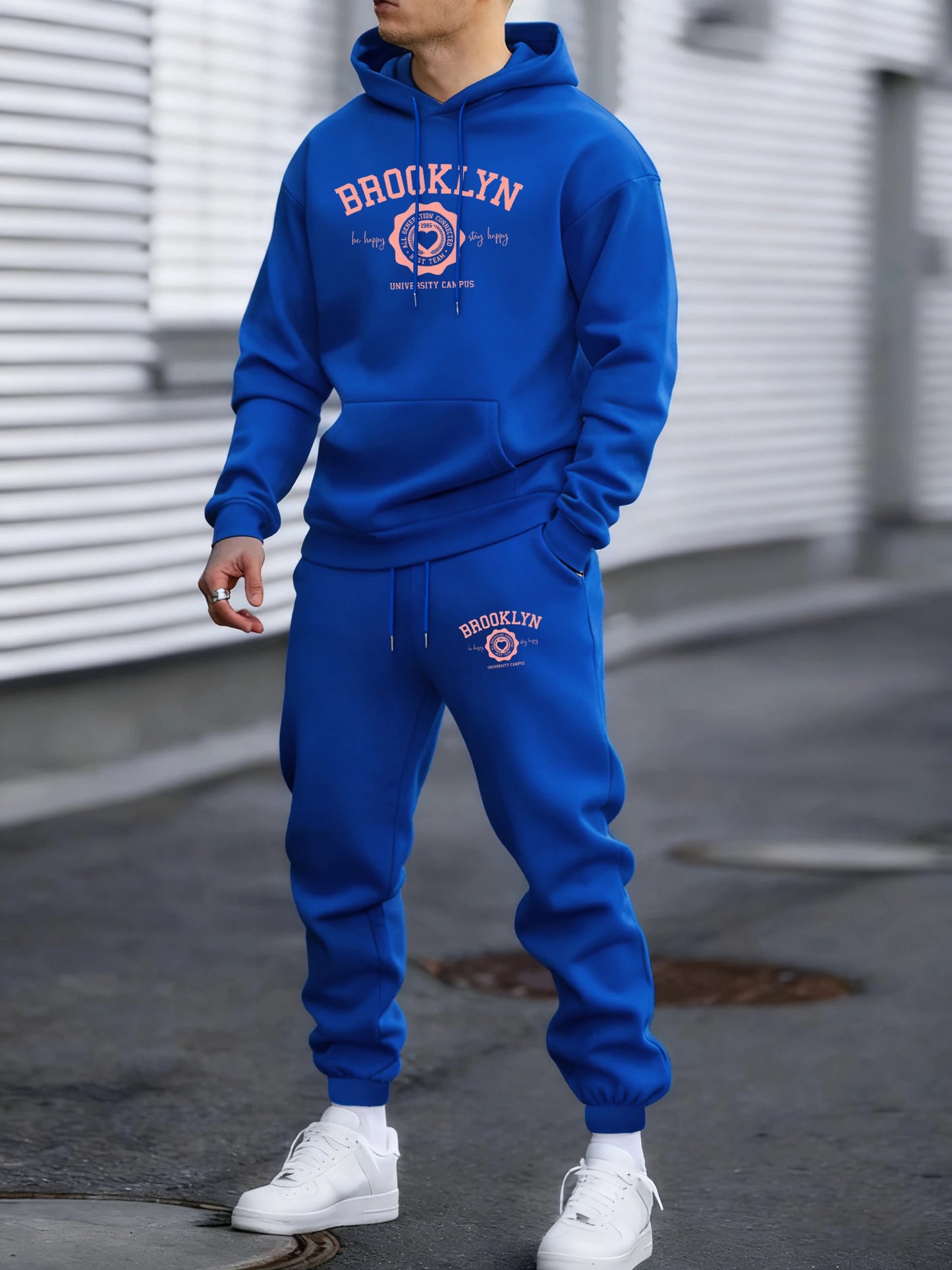 Felpa Con Cappuccio Uomo Heart Print Brooklyn Best Team Autunno Hip Hop Morbido Pile Pantaloni Semplici Sportivi