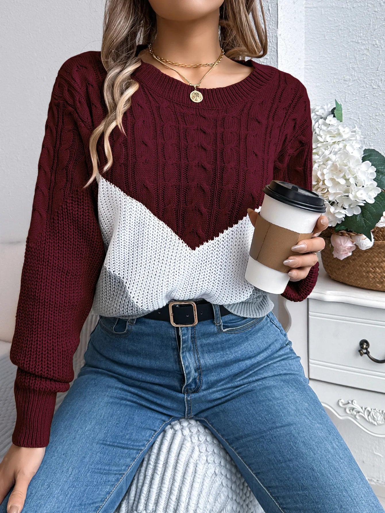 Pullover Lavorato A Maglia Autunno Inverno Color Block Manica Lanterna Collo A O Jersey Donna Elegante