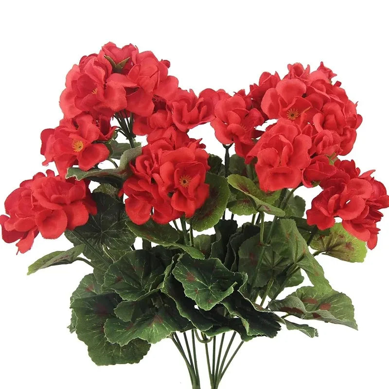 Geraniumi Artificiali 14 Pollici Fiori Rossi Bouquet di Seta Cespugli per Fioriere Portico Patio Casa Decorazione