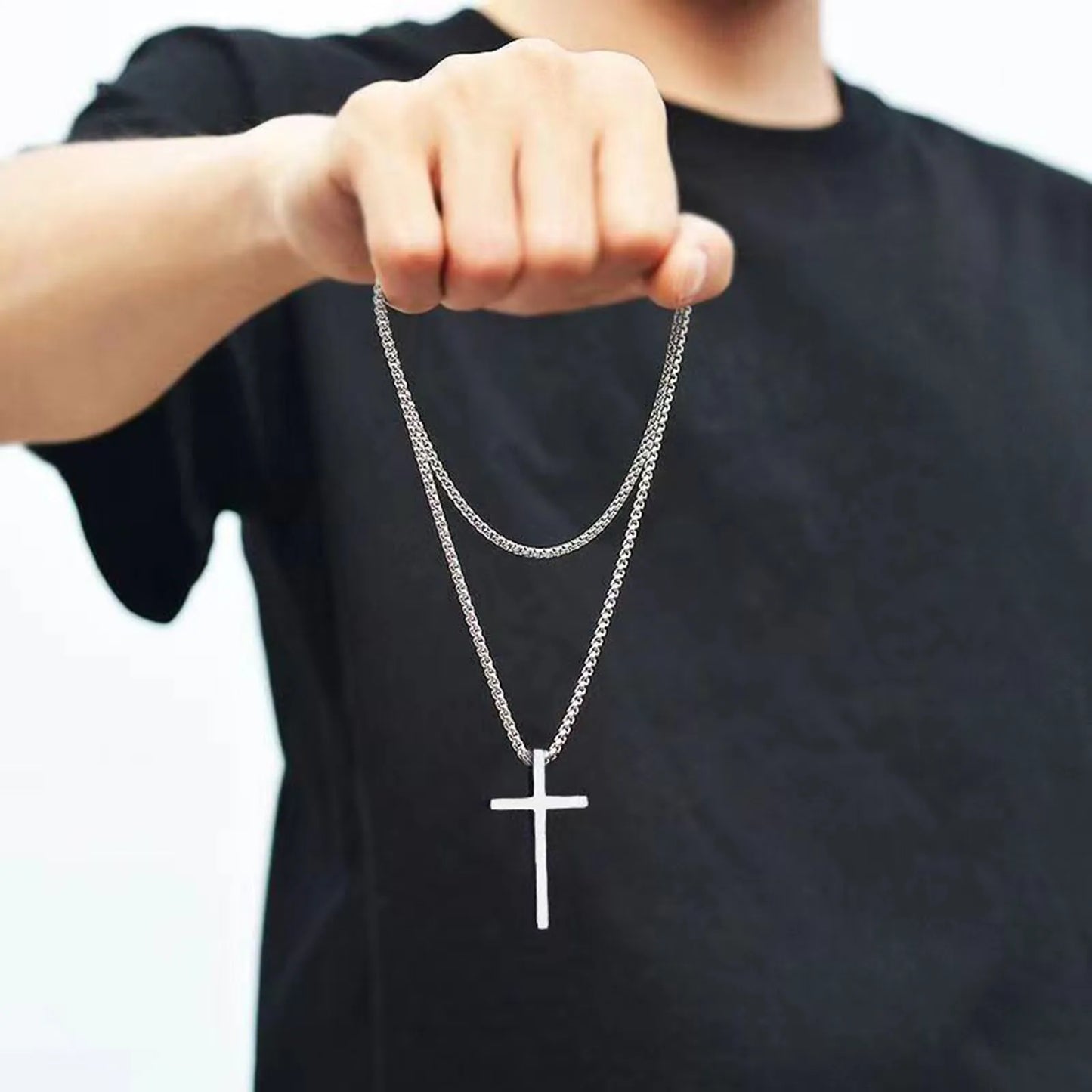 Collana Con Croce Vnox In Acciaio Inossidabile Catena A Scatola Argento Nero Per Uomo E Donna Lunghezza 55 Cm O 60 Cm