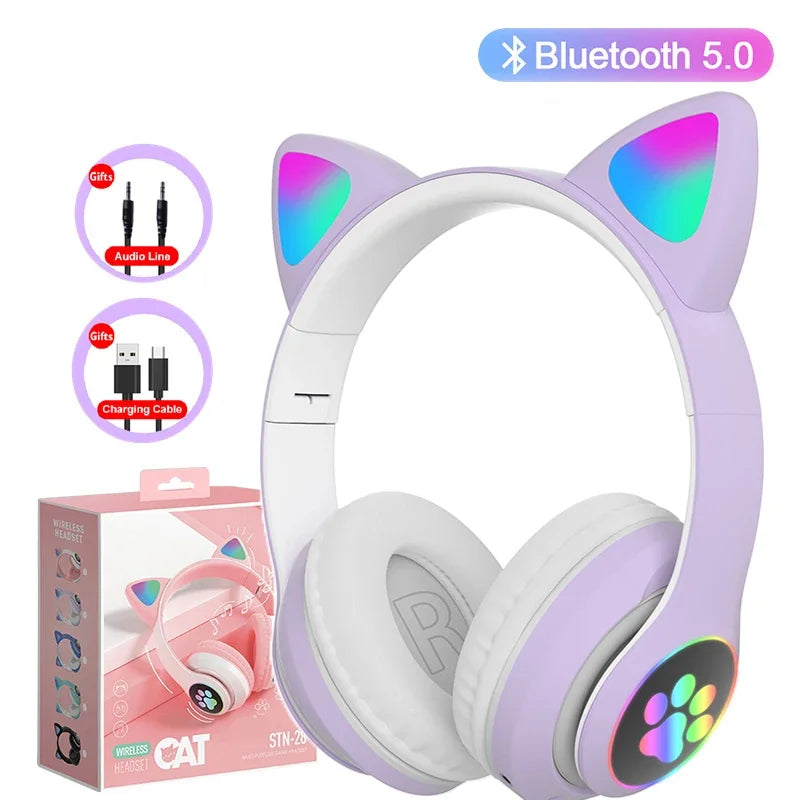 Lampada Cuffie Orecchie Di Gatto Bluetooth 5 0 Stereo Microfono Slot TF Auricolare Wireless Ragazze Bambini Regalo