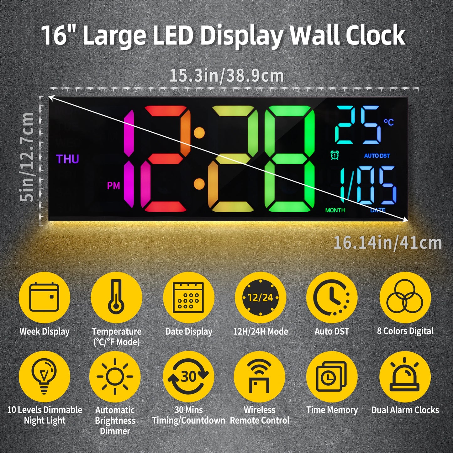 Orologio Da Parete Digitale 16 Pollici Con Display LED E Telecomando 8 Colori RGB Allarme DST Temperatura Per Soggiorno