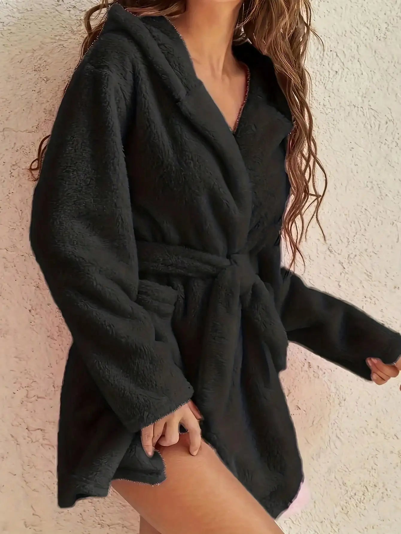 Vestaglia Da Donna Con Cappuccio Tinta Unita Con Cintura Calda E Morbida Per Casa Autunno Inverno