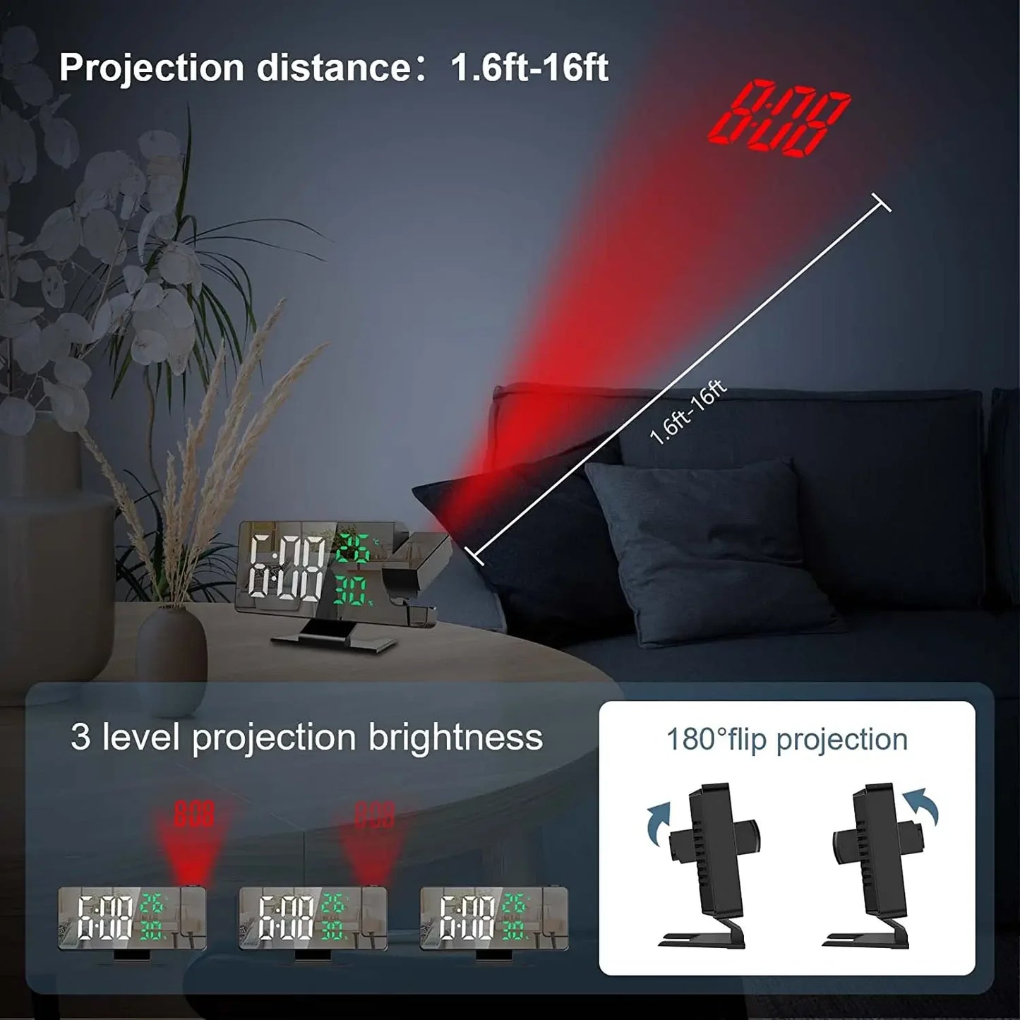 Sveglia Digitale LED Orologio Proiezione da Soffitto con Display della Temperatura Snooze Retroilluminato per la Casa