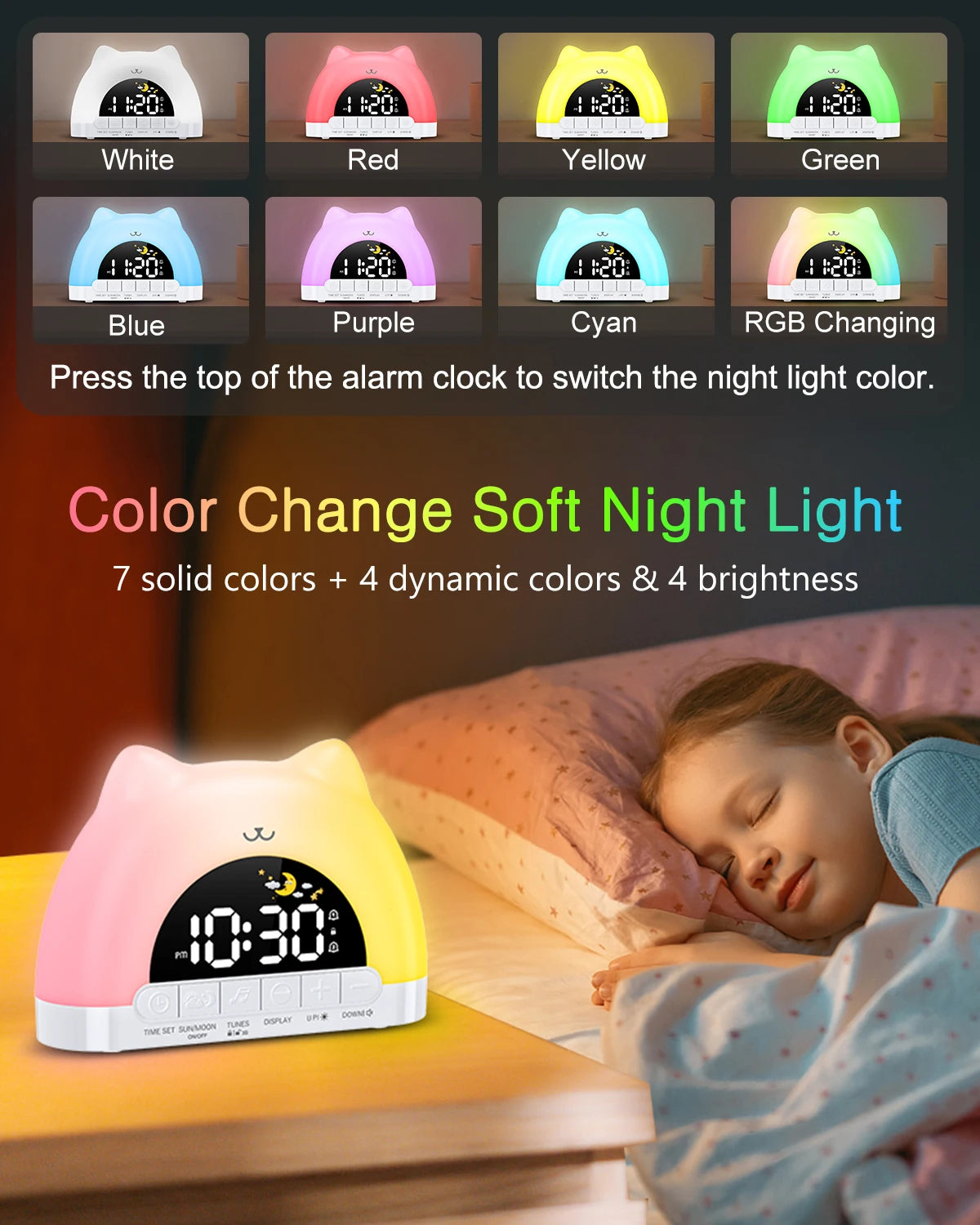 ORIA Sveglia per Bambini con Luce Notte 11 Colori, Sveglia Allenamento Sonno, Orologio con Blocco Regalo Ragazzi Ragazze