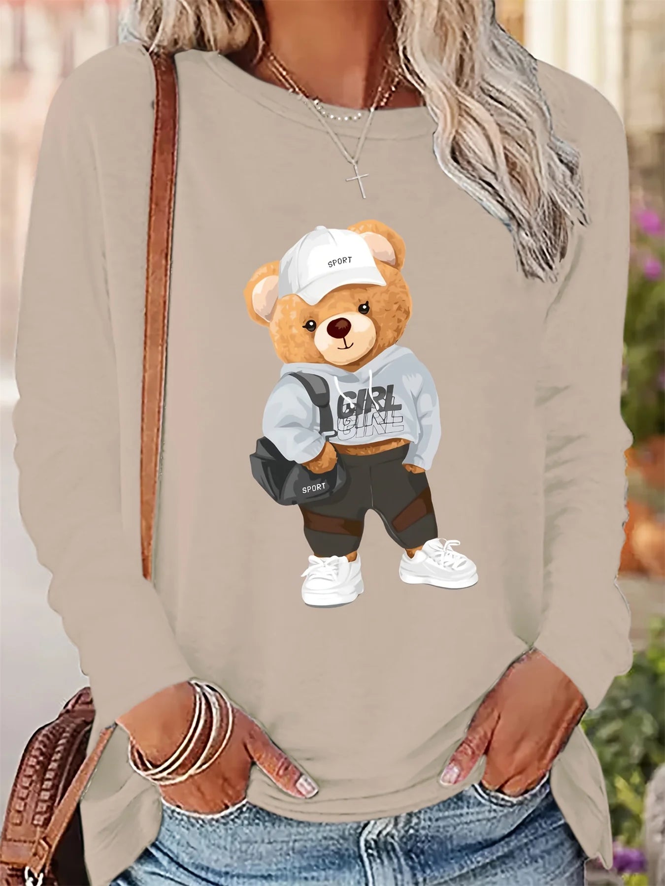 Maglietta Donna Primavera Autunno Cotone Moda Casual Allentata Orso Cartone Stampa Girocollo Manica Lunga