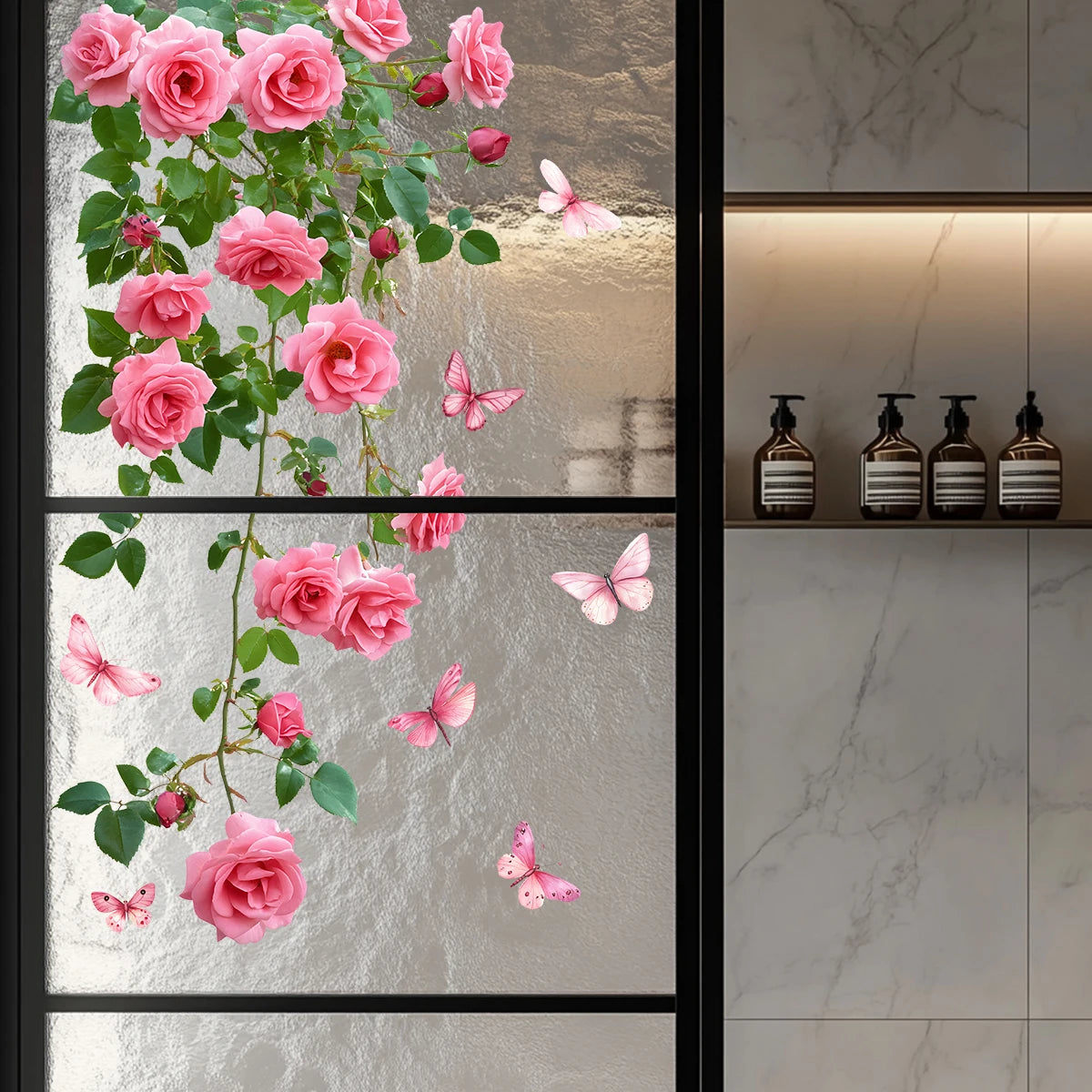 Decalcomania Per Finestra Fiore Vite Rosa E Farfalla Adesivo In PVC Per Parete Bagno Soggiorno Letto Porta In Vetro