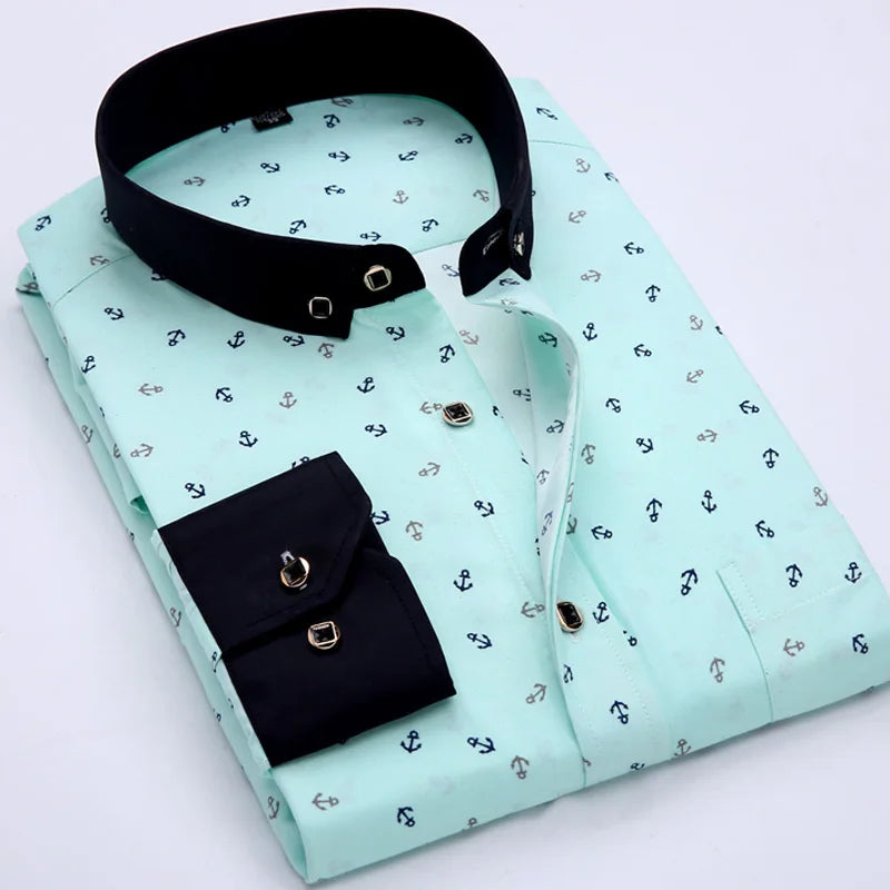 Camicia Da Uomo Maniche Lunghe Stampa Color Block Elasticizzata Con Bottoni Per Vacanze Estive In Spiaggia