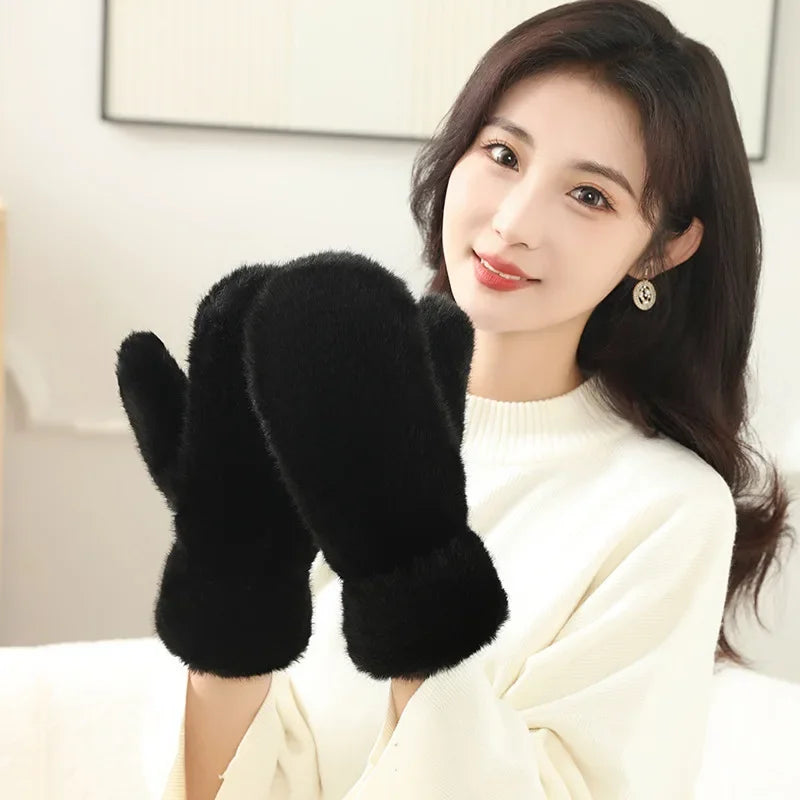 Guanti In Peluche Spessi E Caldi Con Cashmere E Pelliccia Di Coniglio Imitazione Per Donne Antivento Con Dita Intere