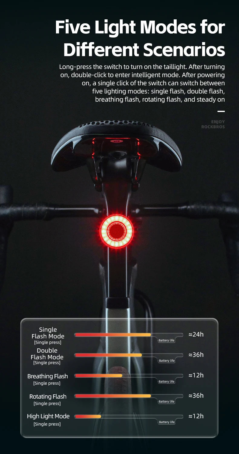 ROCKBROS Fanale Posteriore Per Bicicletta Intelligente Ricaricabile Tipo C Impermeabile IPX7 Per Guida Notturna
