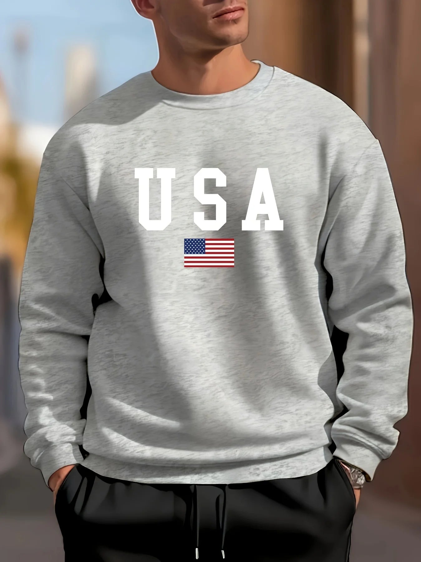 Felpa Uomo Autunno Inverno Casual Allentata Stampa Bandiera Americana USA Girocollo Maniche Lunghe