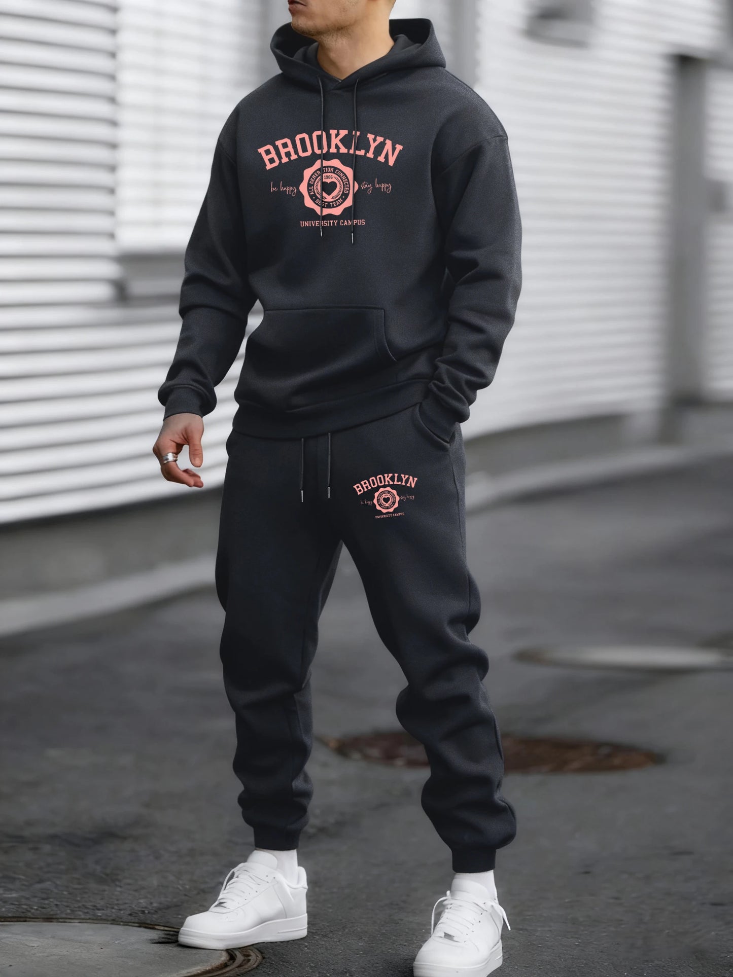Felpa Con Cappuccio Uomo Heart Print Brooklyn Best Team Autunno Hip Hop Morbido Pile Pantaloni Semplici Sportivi