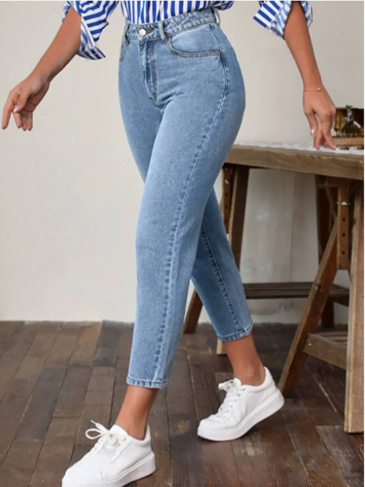 Pantaloni A Gamba Dritta Micro Elastici Da Donna Vita Alta Tinta Unita Jeans Primavera Versatili Moda Streetwear