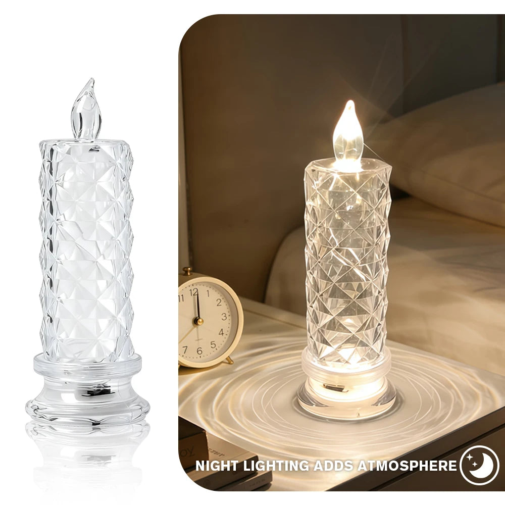 Candela LED In Acrilico Senza Fiamma Con Proiezione Rosa Notturna Romantica Per Feste Matrimonio E Decorazione Tavolo