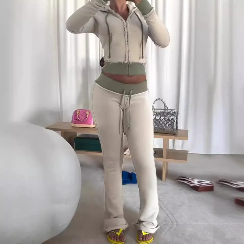 Outfit Da Donna Tre Pezzi Abito Casual Con Spalline Spazzolate E Contrasti Cardigan Con Cappuccio Pantaloni Svasati