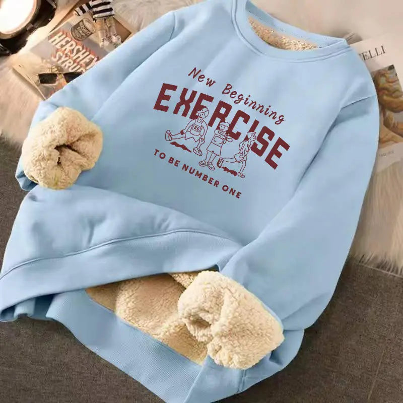 Felpa Da Donna Invernale Allentata Con Cappuccio Stampa Lettere In Peluche Spessa Caldo Foderata In Pile