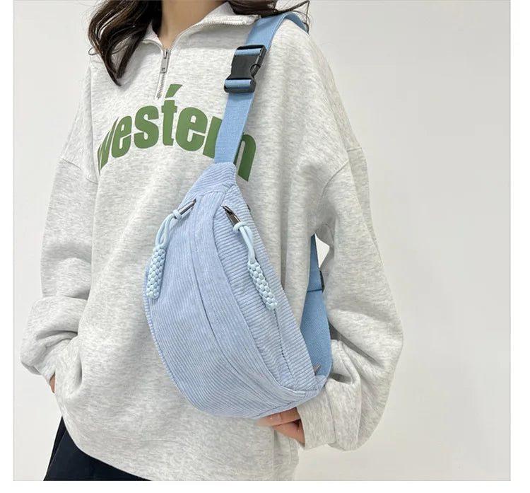 Marsupio da Donna in Velluto a Coste di Grande Capacità Borsa da Petto Stile Street Borsa a Tracolla Cintura Casual