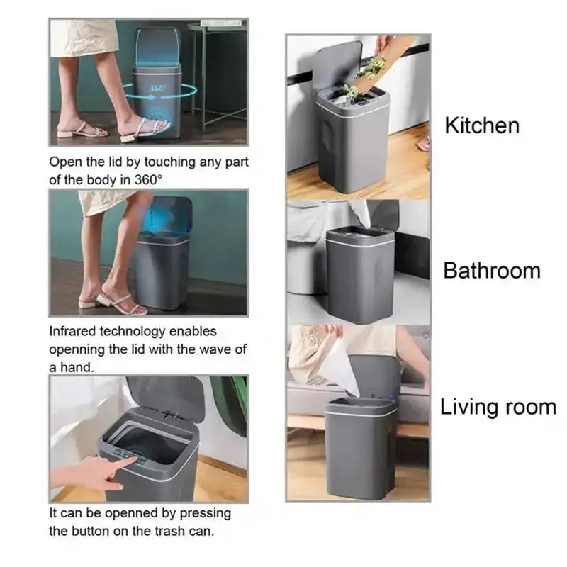 Bidone Spazzatura Elettrico 16 Litri Con Sensore Automatico Touchless Cucina Bagno Impermeabile Coperchio