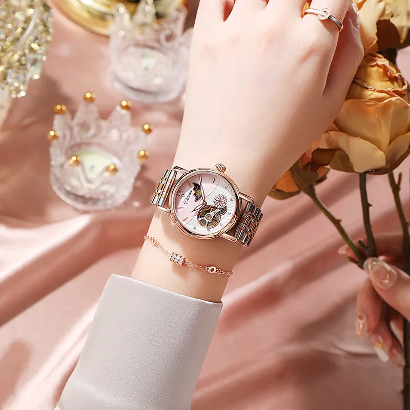 Orologio Da Donna Automatico Impermeabile Con Fasi Lunari E Fiori Girevoli Lusso Di Marca Pregiata
