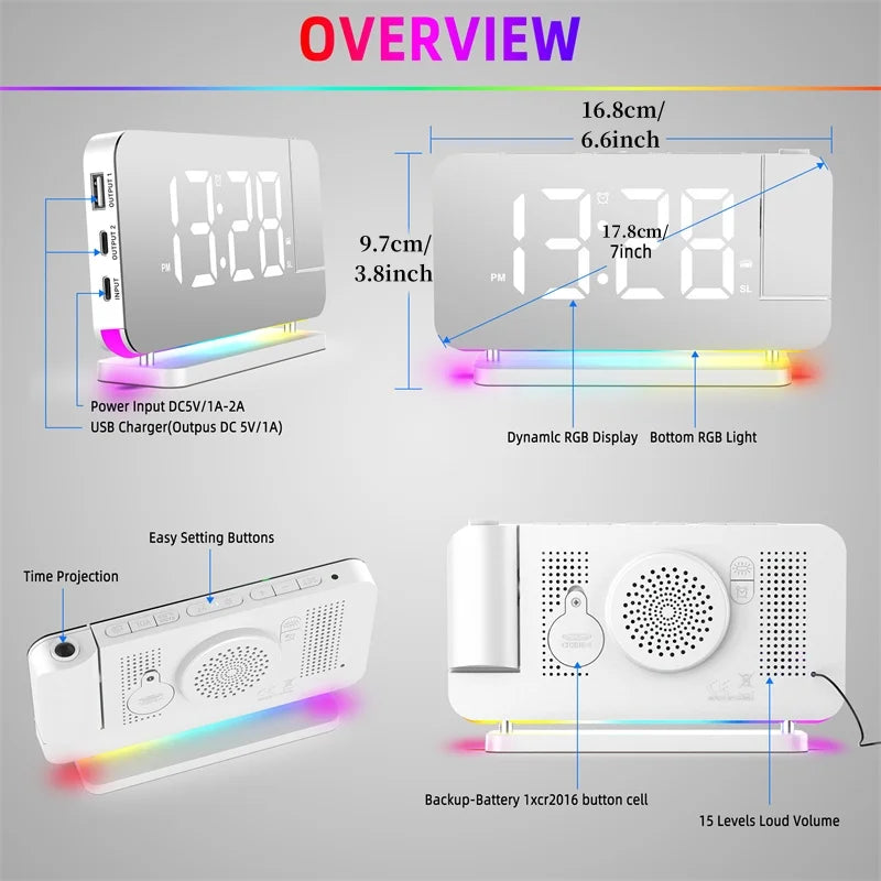 Radio FM a Proiezione 180 Gradi con Sveglia RGB e Luce Notturna 6 Livelli di Luminosità USB Doppia Uscita Orologio LED
