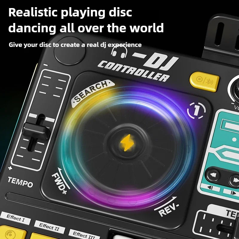 Controller DJ per bambini Mixer giocattolo musicale con microfono Luce a LED Gioco musicale elettronico Giradischi DJ per regali di compleanno per bambini