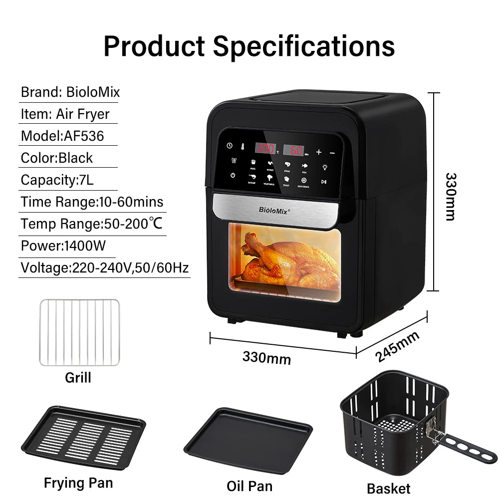 Friggitrice Ad Aria Multifunzionale BioloMix Da 7 Litri Senza Olio Forno Disidratatore Convezione Touch Screen
