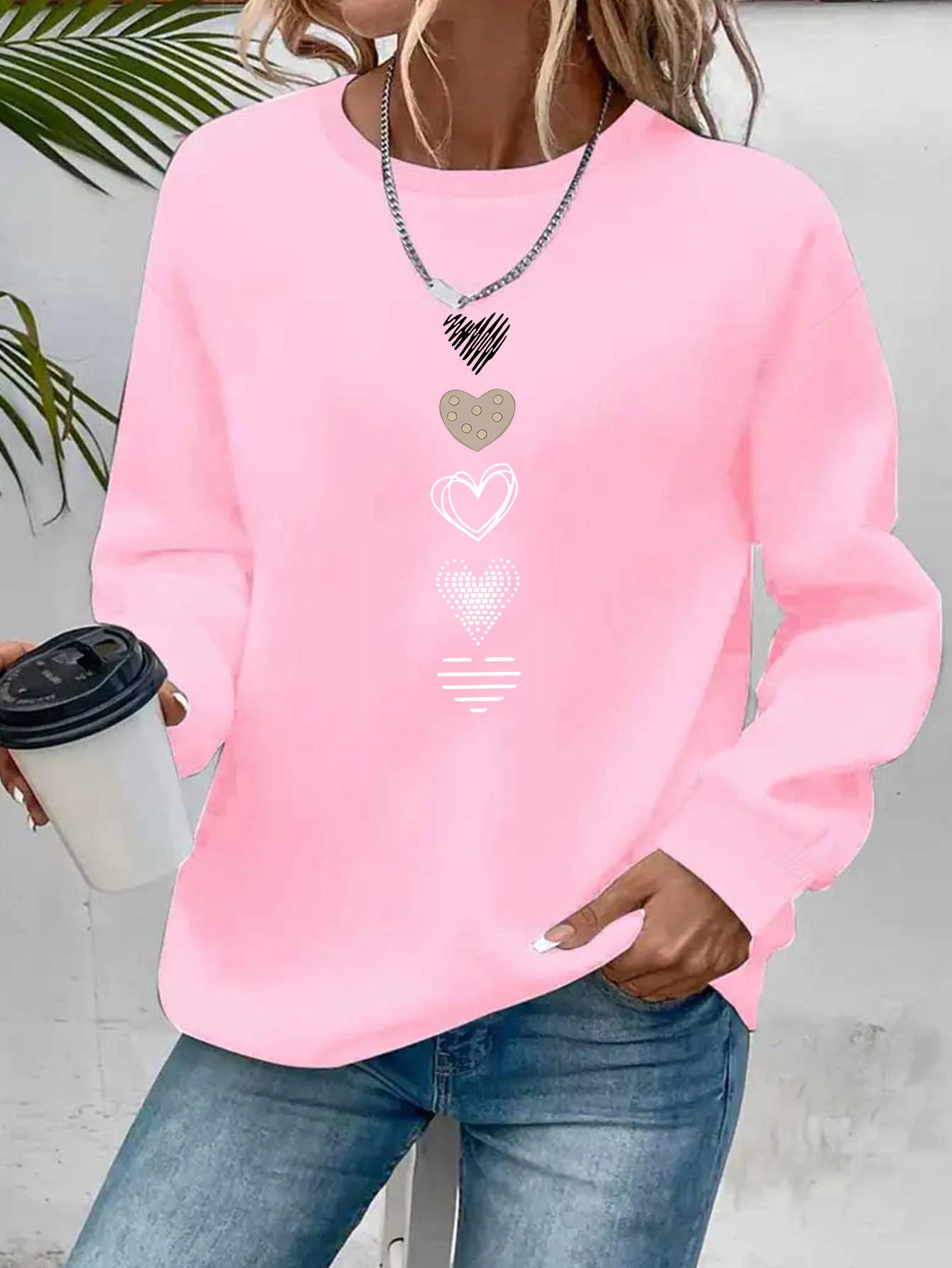 Felpa Donna Con Stampa Cuore Design Geometrico Manica Lunga Girocollo Lavabile In Lavatrice Vestibilità Regolare Autunno