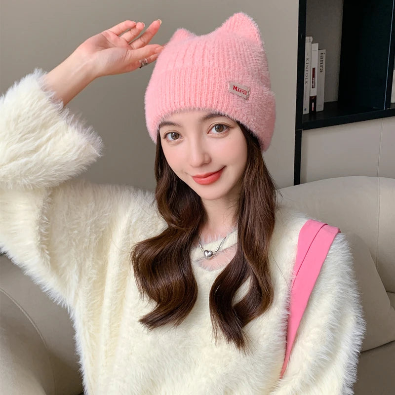 Cappello Invernale Femminile con Orecchie da Gatto Pelliccia Sintetica Lavorato a Maglia Stile Kpop Morbido Berretto