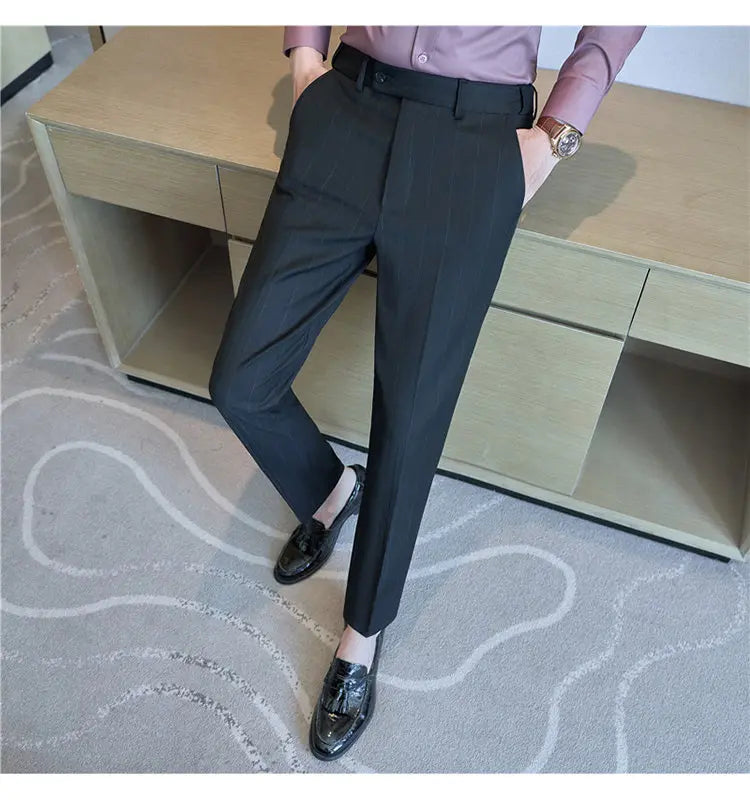 Pantaloni Da Abito Inverno In Lana Spessa Con Vita Elastica Gessati E Tinta Unita Per Uomo