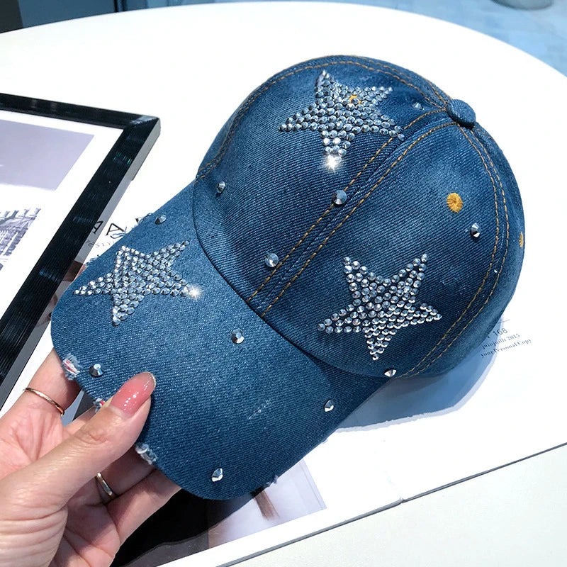 Berretto Da Baseball Da Donna In Denim Con Stella Di Strass Regolabile Snapback Con Visiera Alla Moda