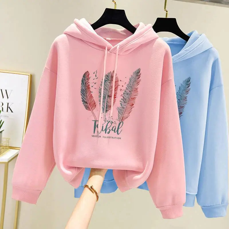 Felpa Con Cappuccio Stampata Con Piume Donna Autunno Inverno In Velluto Casual Oversize