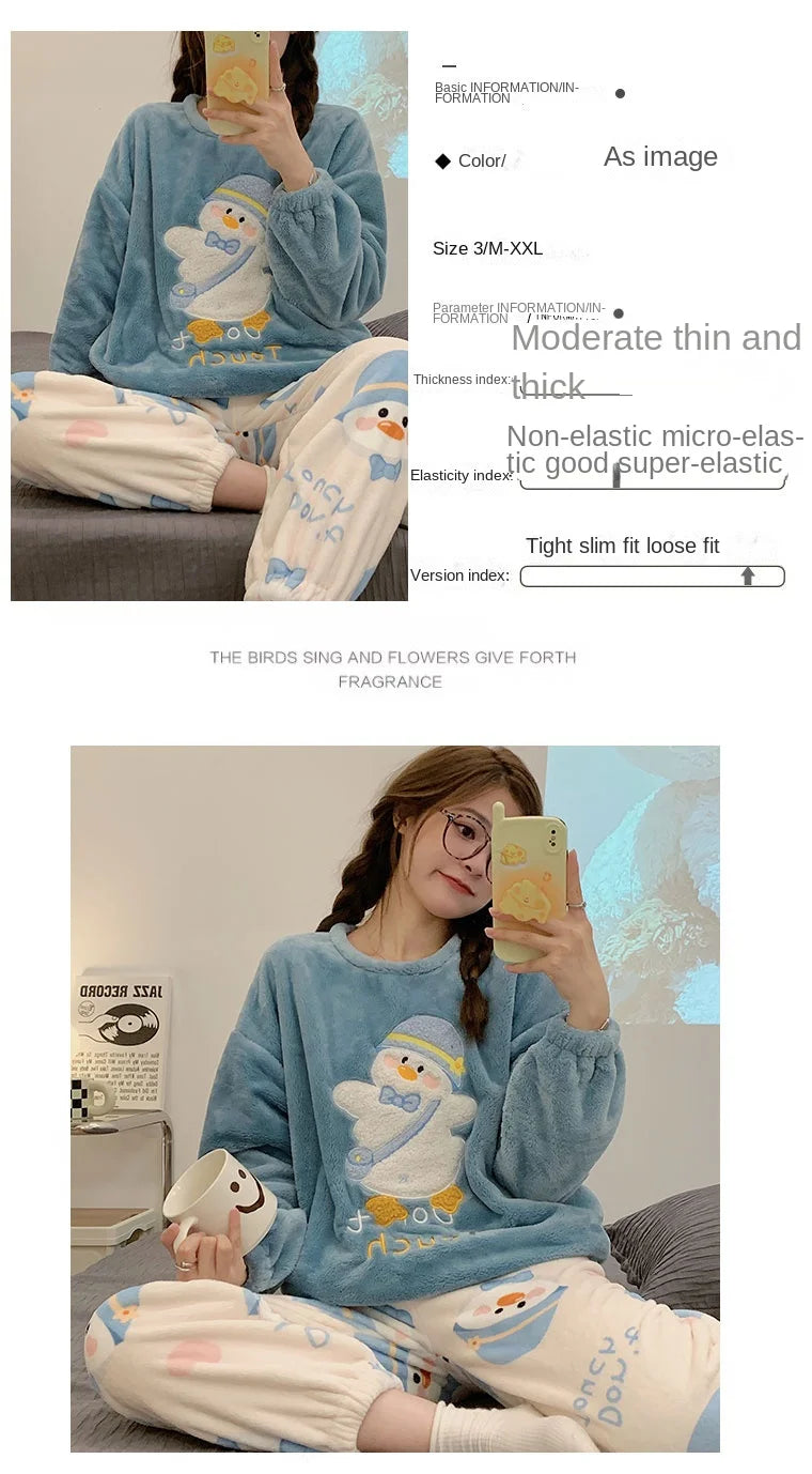 Pigiama Da Donna In Flanella Caldo Due Pezzi Autunno Inverno Pantaloni A Maniche Lunghe Morbido Carino Da Casa