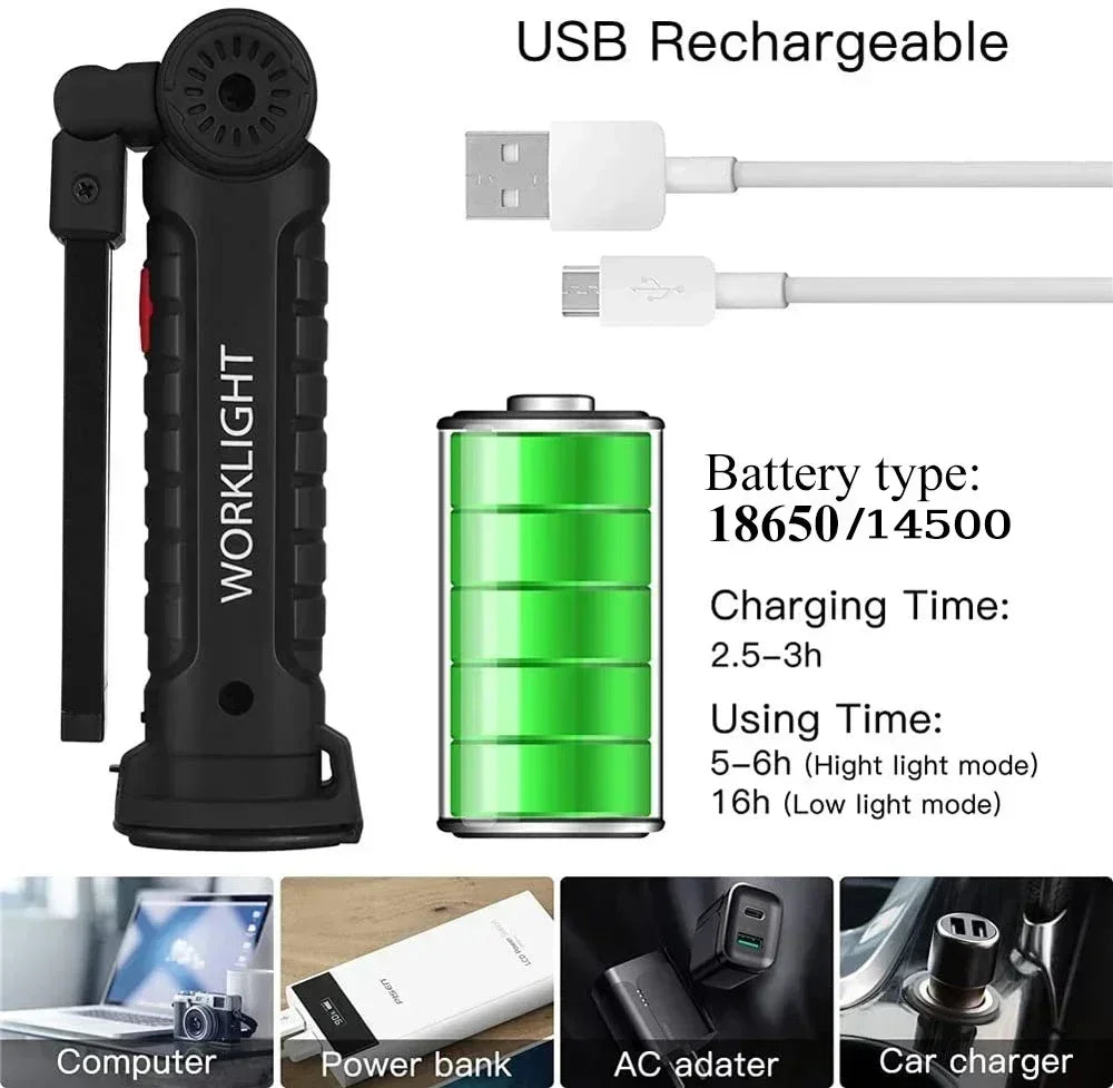 Torcia Portatile A LED COB Ricaricabile USB Lanterna Magnetica Con Batteria Incorporata Per Campeggio E Lavoro
