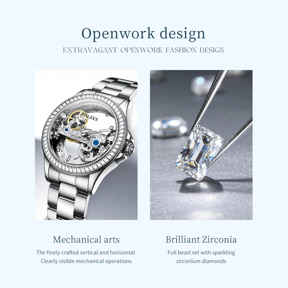 OLEVS 6699 Orologio Meccanico Da Donna Con Lunetta Diamanti Lusso Automatico Di Marca